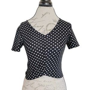 Revamped Womens Blouse Top Sz Small Polka Dots Ruched Bow Tied Front Rockabilly